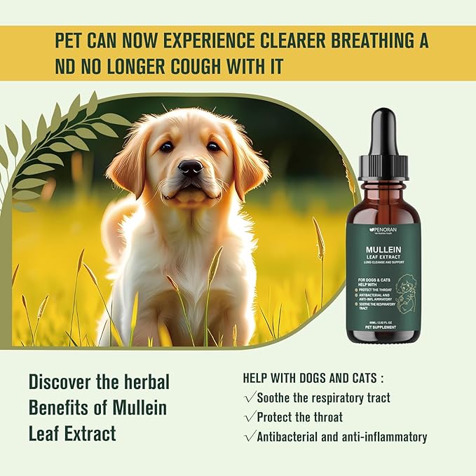 Pet Mullein Leaf Extract Drops for Dogs & Cats Hoarseness, Cough, Easy Breathing, Lung Cleanse and Support, Better Lungs, Soothes Throat Discomfort - 100% Natural and Efficient 