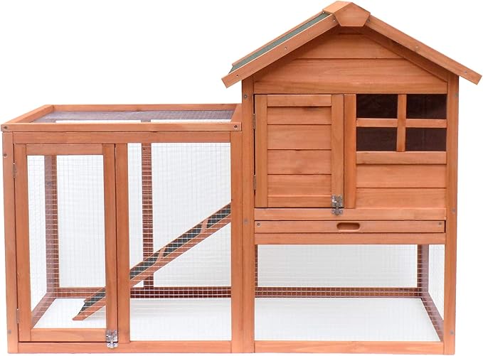 Rabbit Hutch Chicken Coop Kennel Easily Assembled 2 Story with Removable No Leak Tray Solid Fir Wood Weatherproof for Indoor Outdoor Pets