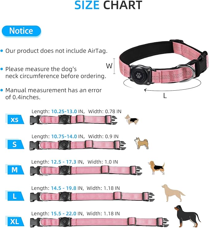 Upgraded AirTag Dog Collar, IP68 Waterproof Air Tag Dog Collar Holder, Reflective, Ultra-Durable, Comfortable Padded, Heavy Duty Dog Collars for Small Medium Large Dogs (S (10.6"-13.6"), Pink)