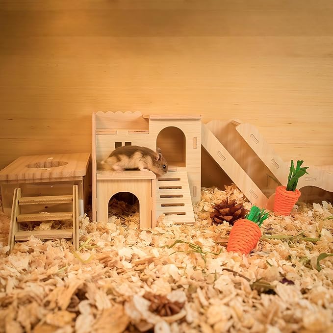 Multi-Chamber Hamster Hideout & House, Natural Wood Small Animal Cage Accessories for Dwarf Hamsters, Gerbils and Mice – Ventilated Design with Structure