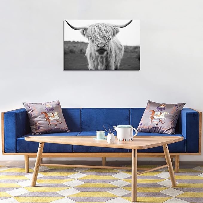 XXMWallArt FC3681 Highland Cow Canvas Art - Black and White Animal Wall Art for Living Room, Bedroom, Office Wall Decor