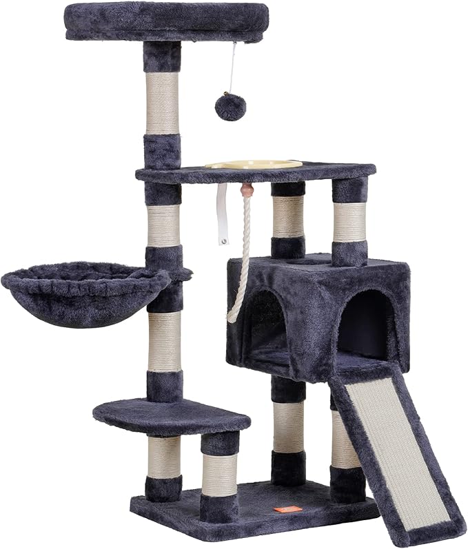 Heybly Cat Tree, Cat Tower for Indoor Cats with Scratching Board, Multi-Level Cat Furniture Condo with Feeding Bowl Smoky Gray HCT010SG