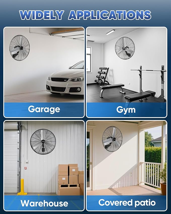 KEN BROWN 30 Inch Industrial Oscillating Wall Mount Fan - 7497 CFM High Velocity, Heavy Duty Metal Construction, 2 Speed Settings, Black