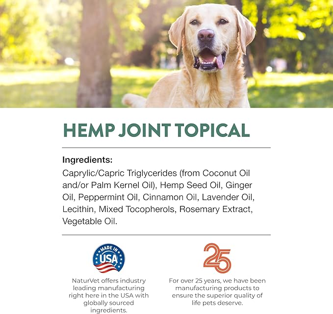 NaturVet Hemp Joint Topical Spray with Ginger for Dogs, 6oz Liquid, Made in The USA