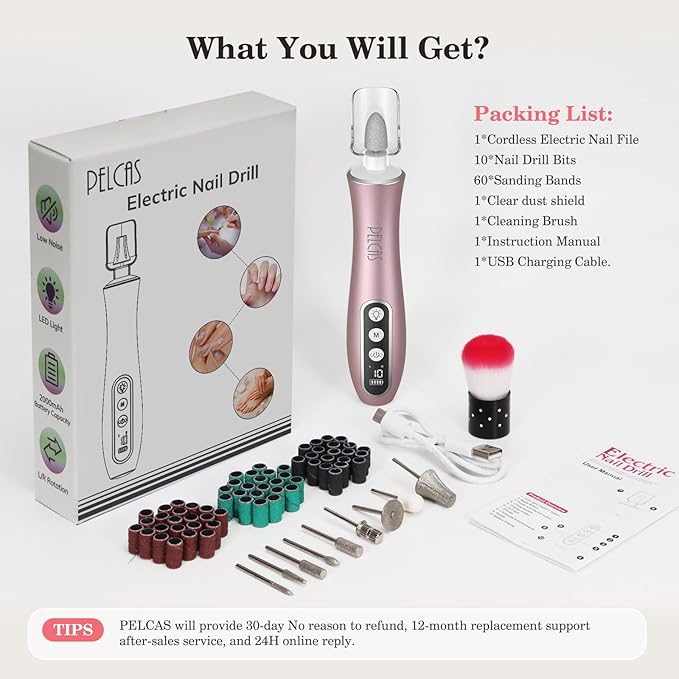 PELCAS Electric Nail File, 10 Speeds Cordless Nail Drill Kit with LED Light, Professional Nail Grinder with LCD Screen Portable e File for Human, Pet, Thick Toenails, Natural & Acrylic Nails Pink