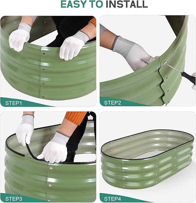 Galvanized Raised Garden Bed Outdoor - 4×2×1ft Planter Raised Beds for Gardening | Oval Metal Garden Planter Box with Safety Edging and Gloves for Vegetables Fruits and Flowers OliveGreen