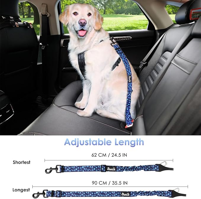 SlowTon Dog Seat Belt, Adjustable Dog Safety Belt Leash, 2 in 1 Latch Bar Attachment Dogs Car Seatbelt with Elastic Nylon Bungee Buffer, Reflective Nylon Belt Tether (BL,35.5in)