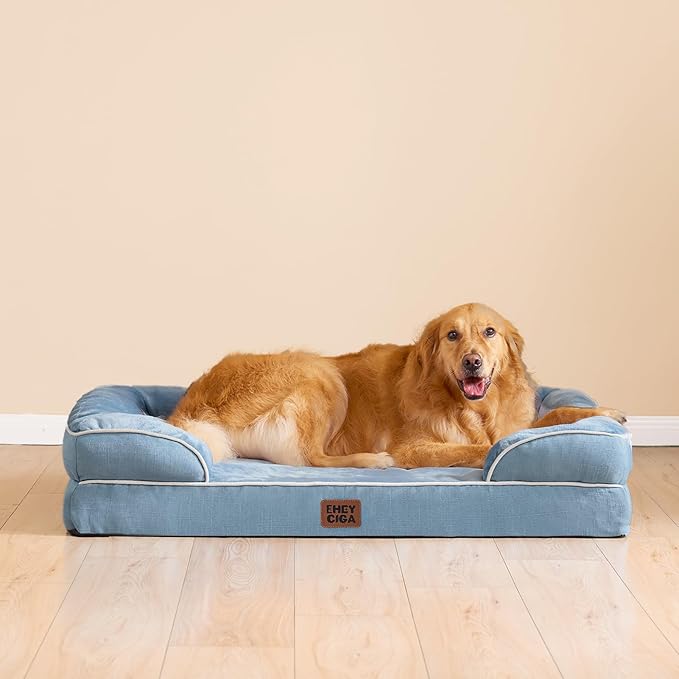 EHEYCIGA Orthopedic XL Dog Beds, Waterproof Memory Foam Dog Bed for Extra Large Dogs, Non-Slip Bottom and Egg-Crate Foam Big Pet Couch Bed with Washable Removable Cover, Washed Blue