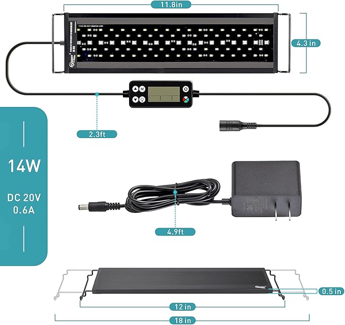 hygger Auto On Off LED Aquarium Light, Full Spectrum Fish Tank Light with LCD Monitor, 24/7 Lighting Cycle, 7 Colors, Adjustable Timer, IP68 Waterproof, 3 Modes for 12"-18" Freshwater Planted Tank