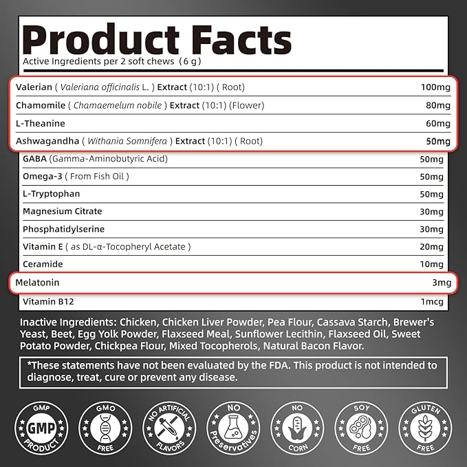 Melatonin for Dogs, Calming Chews with Valerian Root & L-Theanine for Sleep Aid & Emotional Support, Calming Treats for Stress Anxiety Relief - Thunder, Fireworks, Barking, Bacon Flavor, 90Ct