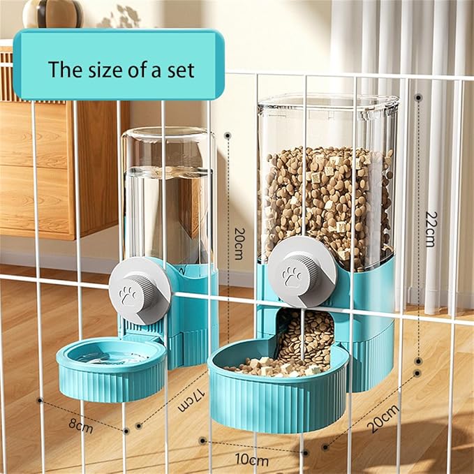Hanging Automatic Bunny Food Water Dispenser, Gravity Rabbit Cage Feeder and Water Dispenser Ferret Cages Accessories, Cage Cat Food Bowl, for Chinchilla Guinea Pig Hedgehog (Blue)