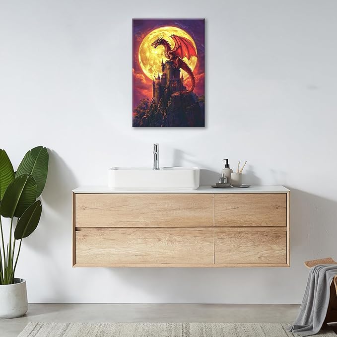 Dragon Bathroom Pictures Wall Art, Red Dragon Castle Bathroom Wall Decor, Framed Painting Canvas Artwork for Bedroom Living Room Decorations 24"L x 16"W