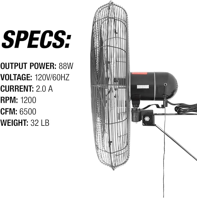 OEMTOOLS 24-Inch Wall Mount Fan, 90° Oscillating Fan 6500 CFM Max, 3 Speed Motor, Use in Garage, Gym, Warehouse, Factory and Jobsite