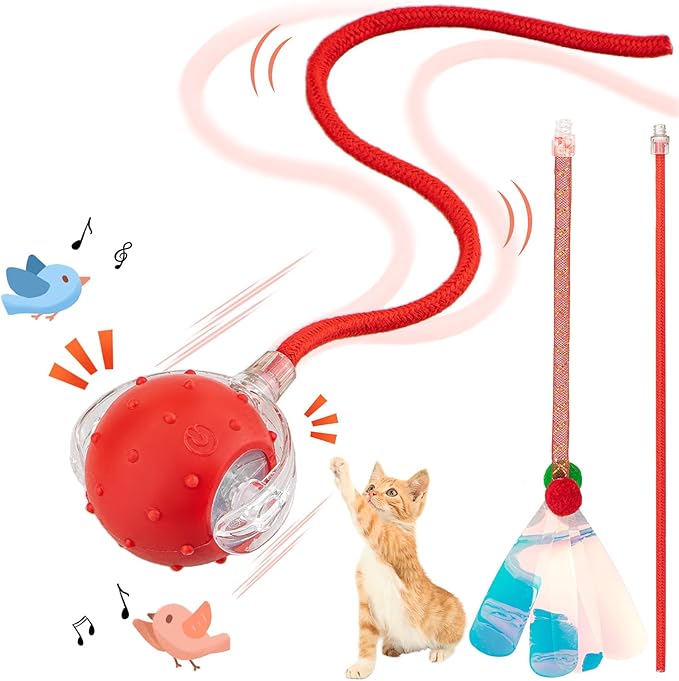 Interactive Cat Toys Ball for Indoor Cats, Automatic Agile Rolling Cat Ball with Elastic Mesh Tail, Bird Chirping & Motion Activated, 2 Tail Accessories, Kitten Toy for Bored (Red)