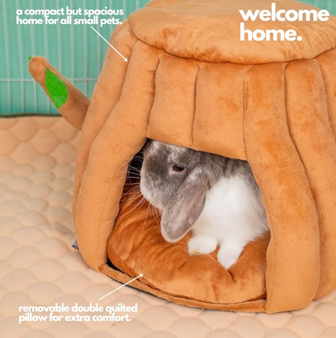 Hopp'dβ’ Guinea Pig Hideout & Bed β 2-in-1 Washable Tree Stump House | Rat, Ferret, Hamster, Bunny Bed Hideout | Waterproof, Anti-Slip, Chew-Proof | Free Pillow | Small Animal Accessories (Large)