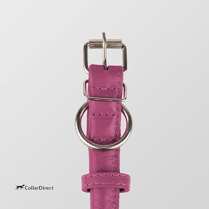 CollarDirect Rolled Leather Dog Collar, Soft Padded Round Puppy Collar, Handmade Genuine Leather Collar Dog Small Large Cat Collars 13 Colors (15-19 Inch, Pink Textured)