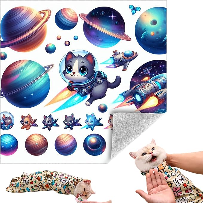 Cat Grooming Wrap, Self-Adherent Soft Cat Blanket to Wrap, Nail Clipping, Anti-Bite, Anti-Scratch, Anti-Escape Calming Wrap (Space, 10-13 lbs)