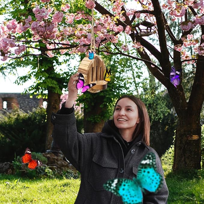 Picowe Wooden Butterfly House - Natural Habitat Nesting Box With Feeder for Butterflies, Bees, Ladybirds - Hanging Garden House for Outside, Open Door