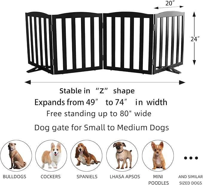 ZJSF Foldable Freestanding Indoor Dog Gate for House Wood Long Pet Gates Dog Fence for Stairs Puppy Gates for Hallways, Puppy Gate,Support Feet Included, Black, 24 "Height-4 Panels