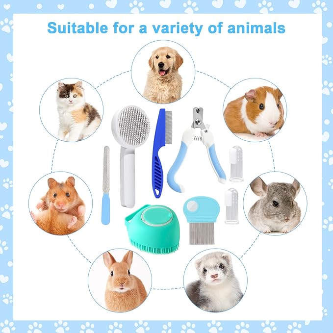 VCZONE 8 Pcs Cat Brush Grooming Kits, Pet Self Cleaning Kit with Pet Nail Clipper and File, Flea Comb, Pet Shampoo Bath Brush, Pet Shedding Brush, Silicone Toothbrush (Blue)