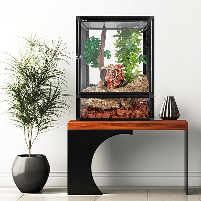 REPTI ZOO 18" x 18" x 24" Front Opening Chameleon Cage with 3-Sided Metal Mesh, 34 Gallon Screen Vertical Terrarium with Background Sticker, Tall Enclosure for Chameleon, Tree Frog, Arboreal Reptiles