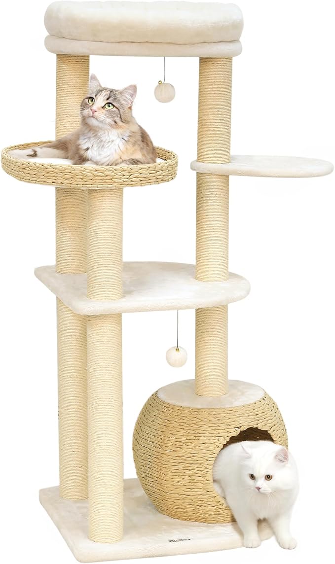 KAMABOKO Modern Cat Tree, 53" Cat Tower for Indoor Cats Natural Sisal Scratching Posts, Hand-Woven Condo & Top Perch, Cat Tree Tower for Kittens Climb Play & Rest
