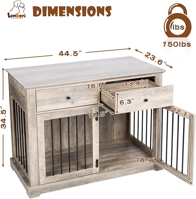 LEMBERI 44 Inch Large Dog Crate Furniture, Wooden Dog Kennel End Table with Storage Drawers, Decorative Pet Cage Dog House Indoor for Dogs