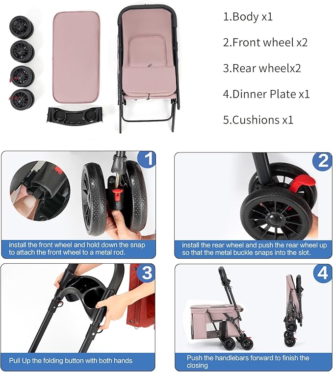 Pet Stroller Cat Dog Stroller Travel Folding Pet Carriers(Pink)