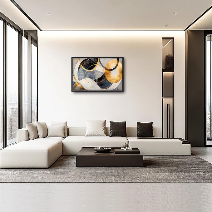 Large Abstract Wall Art for Living Room, Oversized Abstract Circle Wall Decor, Black and Golden Abstract Canvas Painting Modern Artwork Home Decoration for Living Room Bedroom Office Framed 36"x24"