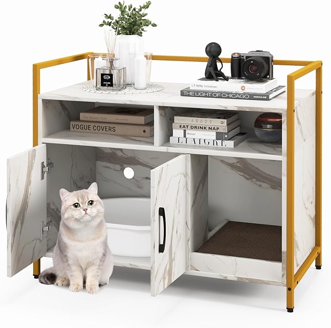 Tangkula Litter Box Enclosure, Modern Cat Litter Box Furniture with Metal Frame, Scratching Board, Storage Compartment, Hidden Cat Washroom (Marble White)