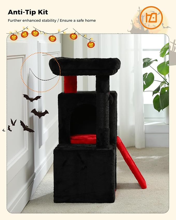 PAWZ Road Gothic Cat Tree, 30 Inches Black Cat Tower with Dual Condos for Indoor Cats, Spooky Cat House with Padded Perch, Scratching Ramp and Posts and Bat Toys