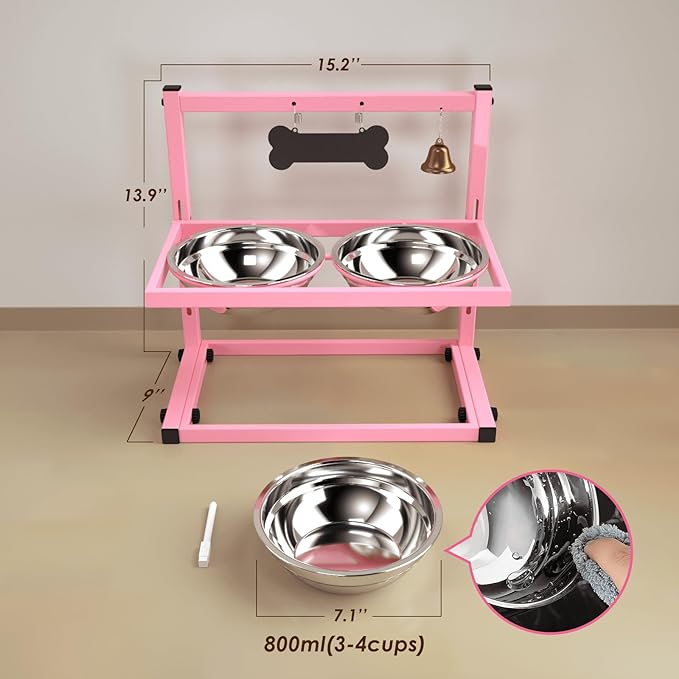 SHAINFUN Elevated Bowls for Small and Medium Dogs, Raised Stand With 2 Stainless Steel Food & Water Bowls, Adjustable Height Feeder for Puppy & Cats, Cute Pink