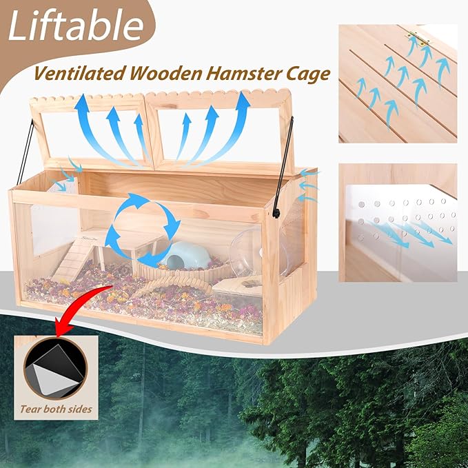 Wooden Hamster Cages and Habitats, 48"x20"x20" Guinea Pig Cage, Small Animal Cage for Dwarf Syrian Hamsters Degus Mice & Other Small Pets. Big Hamster Habitat with 2 Adjustable skylights.