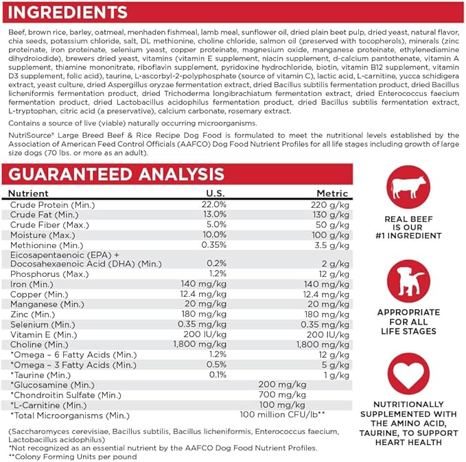 NutriSource Dry Dog Food for Large Breeds, Beef and Rice, 26LB