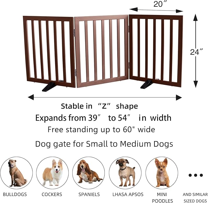 ZJSF Freestanding Indoor Dog Gate for House Foldable Wood Puppy Gate for Doorways Pet Gate for Stairs Extra Wide Pet Fence, Brown, 24" Height 3 Panels