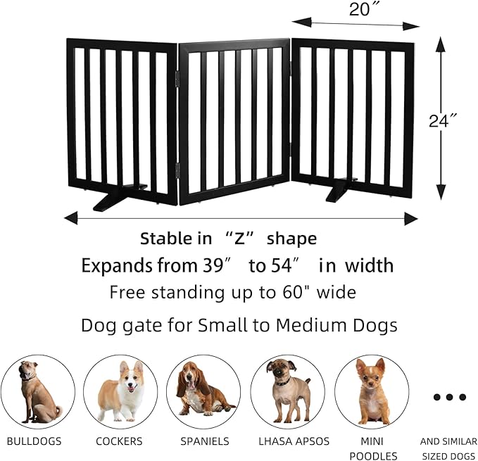 ZJSF Freestanding Indoor Dog Gate for House Foldable Wood Puppy Gate for Doorways Pet Gate for Stairs Extra Wide Pet Fence, Black, 24" Height 3 Panels