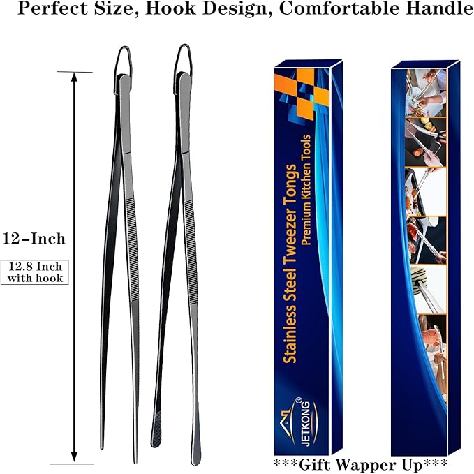 JETKONG 2 Pcs 12-Inch Food Tweezer Tongs, Stainless Steel Kitchen Tweezer Cooking Tweezers (Black)