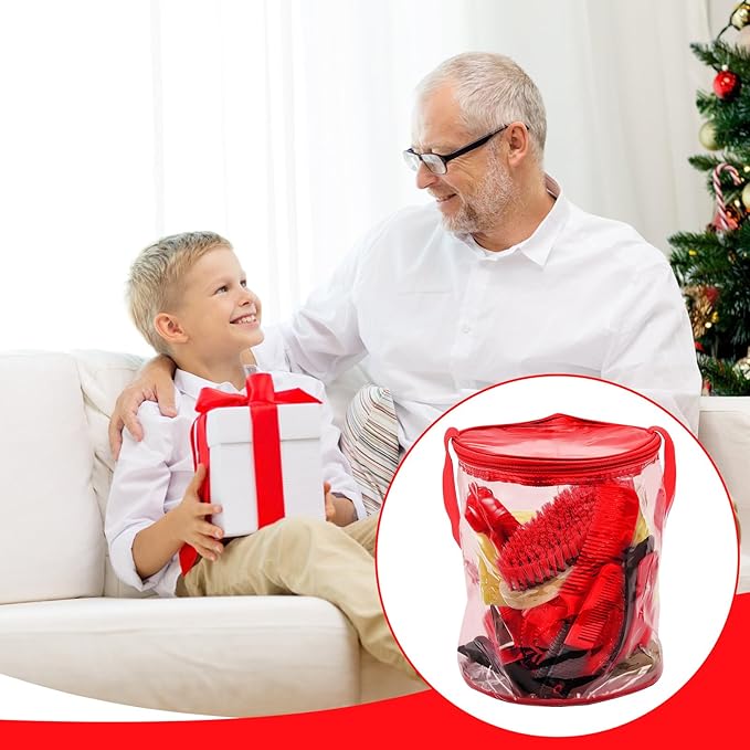 9 Pieces Horse Grooming Kit Tack Room Supplies Set with Organizer Tote Bag, Oval Massage Curry, Hard and Soft Brush, Hoof Pick, Sweat Scraper, Bathing Sponge, Combs for Horse Riders Beginners (Red)