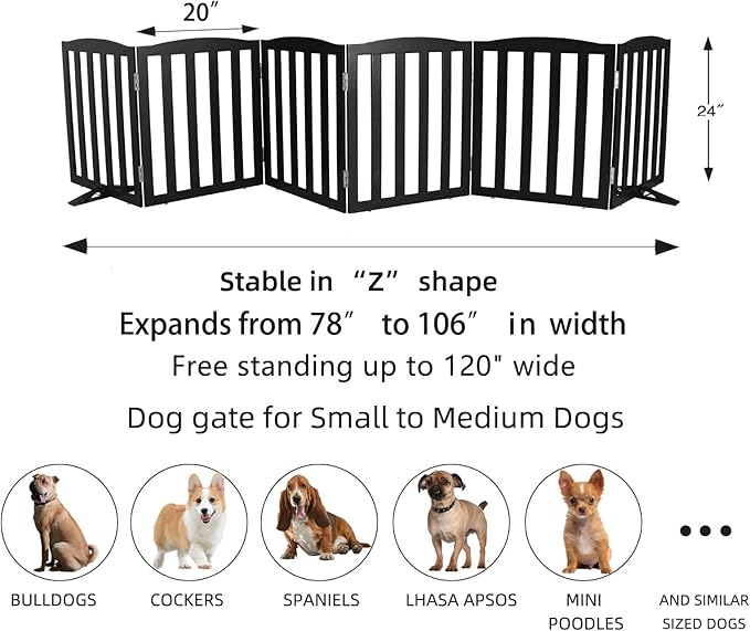 ZJSF Foldable Freestanding Indoor Dog Gate for House Wood White Long Pet Gates Dog Fence for Stairs Puppy Gates for Hallways, Puppy Gate,Support Feet Included, Black, 24 "Height-6 Panels