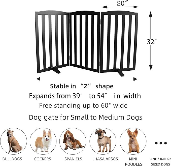 ZJSF Foldable Freestanding Indoor Dog Gate for House Wood Long Pet Gates Dog Fence for Stairs Puppy Gates for Hallways, Puppy Gate,Support Feet Included, Black, 32 "Height-3 Panels