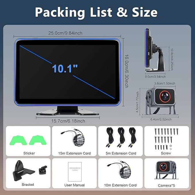 Hodozzy Backup Camera Monitor System,10.1 Inch IPS Reversing Monitor, 5 Split Screen with Five Waterproof Camera,IP68 Waterproof,Night Vision, Hard-Wired Backup Camera for Trucks/Bus/Trailer/RV