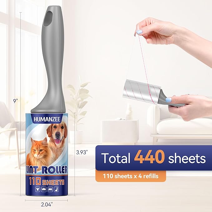 Lint Rollers for Pet Hair Extra Sticky,440 Sheets Mega Value Set with Reinforced 2 Handles and 4 Replaceable Tough Papers, Portable Pet Lint Remover for Clothes, Sofa Bed, Car Seat, and More