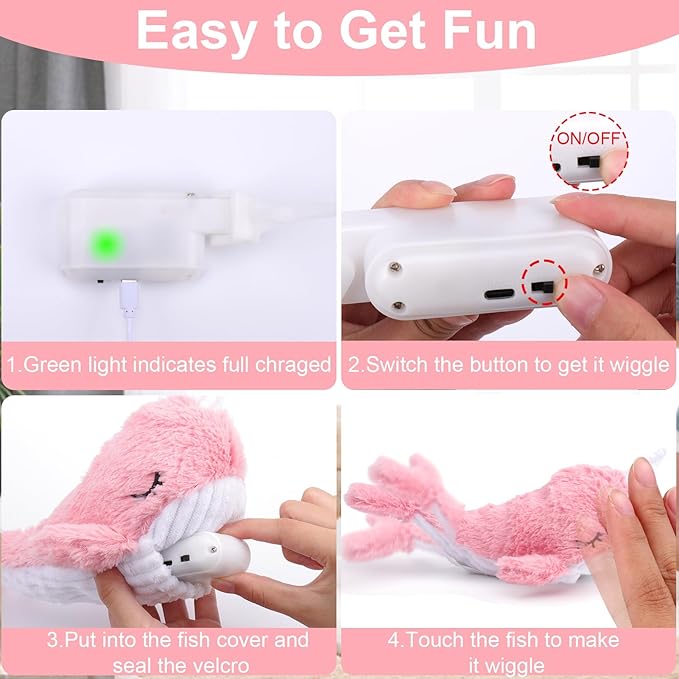 Mity rain 2 in 1 Interactive Dog Toys, Fish Dog Toy to Keep Them Busy, Plush Squeaky Dog Toys, Rechargeable Wiggly Pink Pet Toys for Small Medium Large Dogs, Moving Dog Toys for Indoor&Outdoor