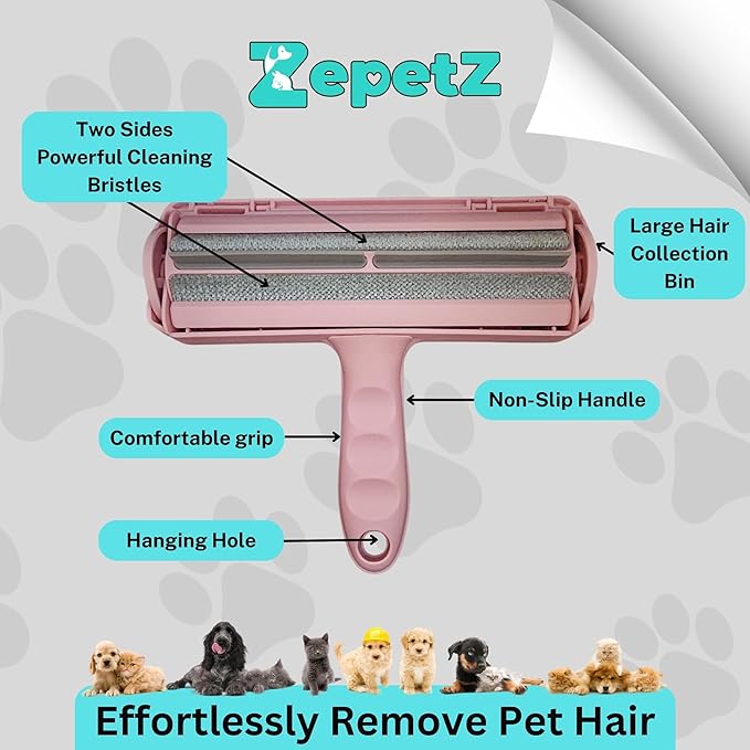 Pet Hair Removal Tool – Reusable Lint Roller for Dogs & Cats – Self-Cleaning Fur Remover Brush – Ergonomic Lint Roller for Carpet, Bedding, Couch, Car Seat & More (Pink)