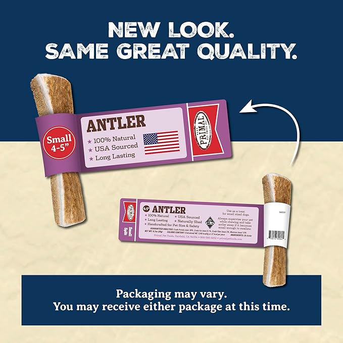 Primal Antlers for Dogs, Grade A Split Stag Antlers for Small Canines up to 15 lb, Natural Chews for Aggressive Chewers, Naturally Shed, Long Lasting Dog Bones, 1 ct