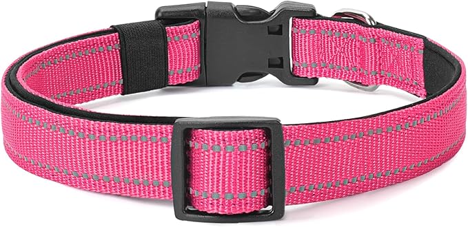 Reflective Dog Collar Padded with Soft Neoprene Breathable Quick Release Basic Dog Collars for Medium Dogs Hot Pink Girl