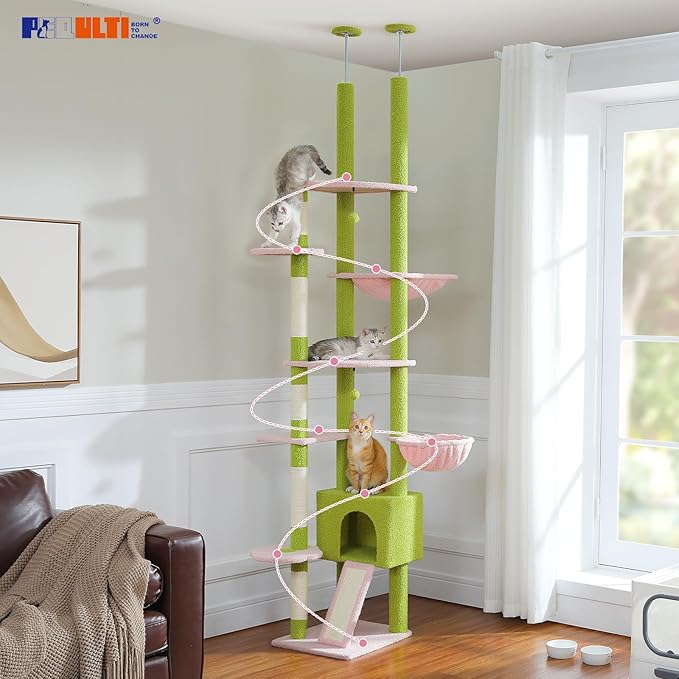 PEQULTI Tall Cat Tree Floor to Ceiling Cat Tower Adjustable Height (90.5''-100.4'' = 230cm-252cm) with Cat Condo, Cozy Hammock and Scratching Post, Pink Flower Climbing Tree for Indoor Cats, Pink