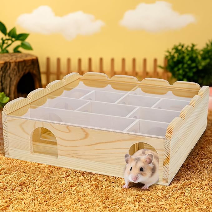 ZENFUN Wooden Hamster Maze with Clear Acrylic Cover, Multi-Chamber Hamsters Hide Tunnel Cage, Hideout Tunnel Toy Shed and Explore Toy for Dwarf Hamsters Mice Small Gerbil(Free-Installation)