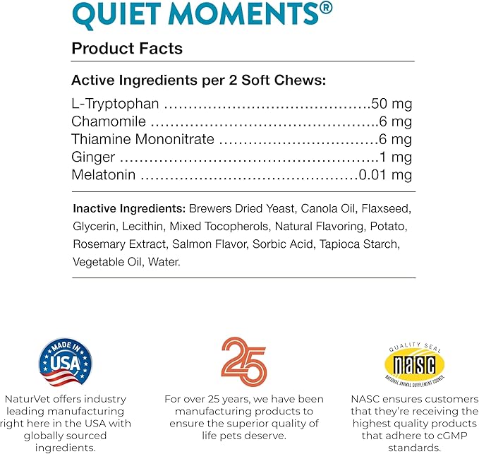NaturVet Quiet Moments Calming Aid Cat Supplement Plus Melatonin – Helps Reduce Stress in Cats – for Pet Storm Anxiety, Motion Sickness, Grooming, Separation, Travel – 50 Ct. Soft Chews