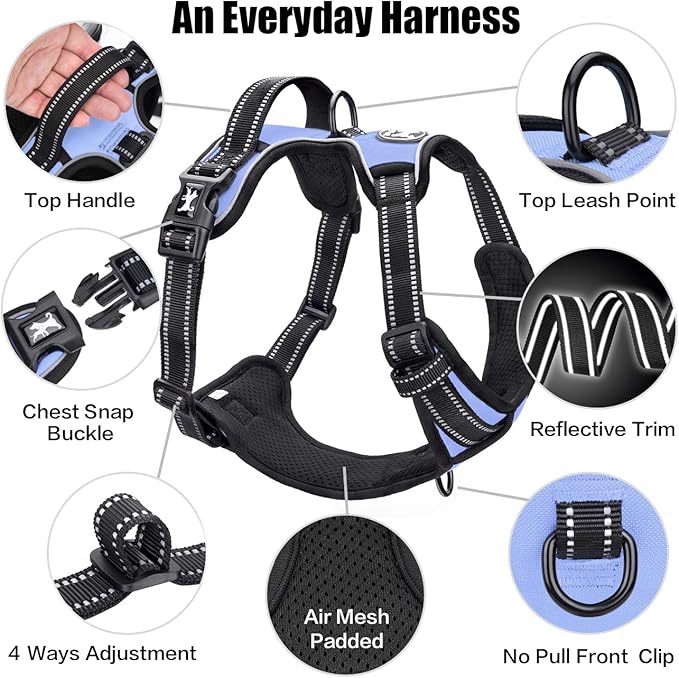 PoyPet No Pull Dog Harness, Reflective Comfortable Vest Harness with Front & Back 2 Leash Attachments and Easy Control Handle Adjustable Soft Padded Pet Vest for Small to Large Dogs (Light Blue,S)